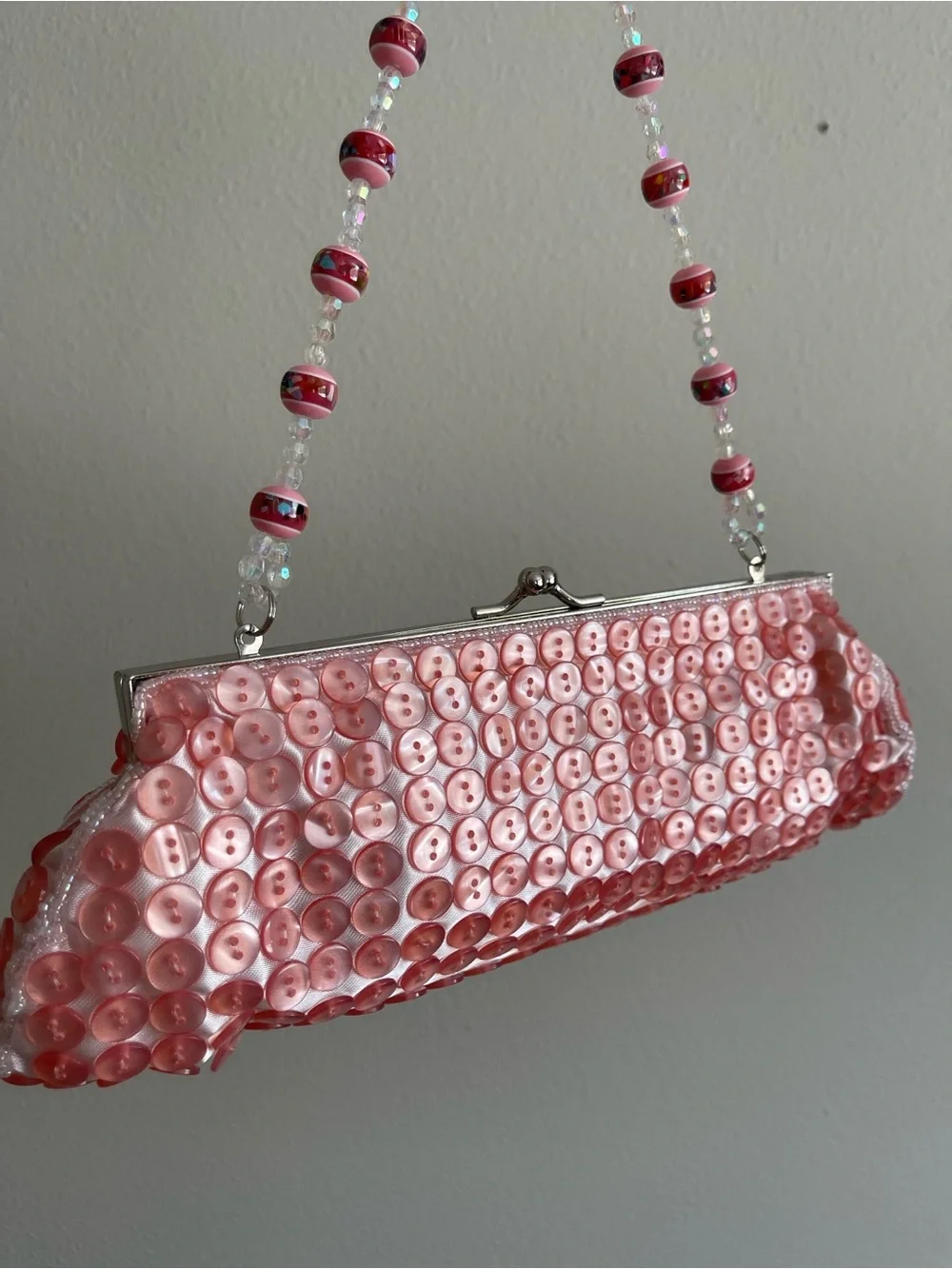 Pink Sequin Beaded Handle Evening Clutch